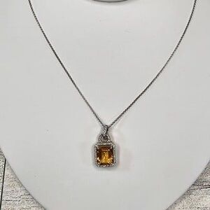 GORGEOUS 14K White Gold Emerald Cut Citrine with .20 tcw Diamond Halo Necklace